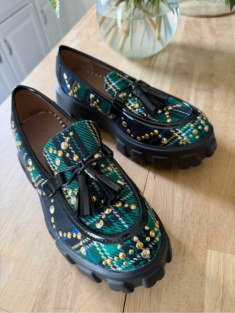 Betsy Johnson Aleah Green Plaid Studded Tassel Loafers